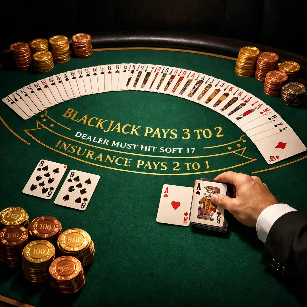Stół do blackjacka z kartami ułożonymi w wachlarz i żetonami