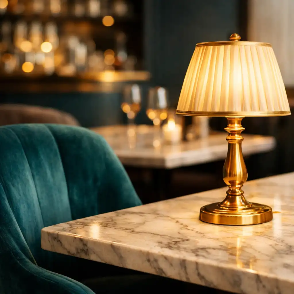 Detal wnętrza restauracji Vuqeraxo – marmurowy blat, mosiężna lampa i aksamitne krzesło