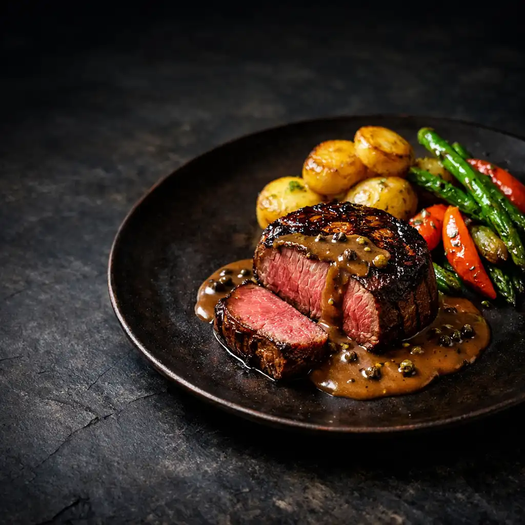 Polędwica wołowa w sosie pieprzowym z ziemniakami confit i warzywami