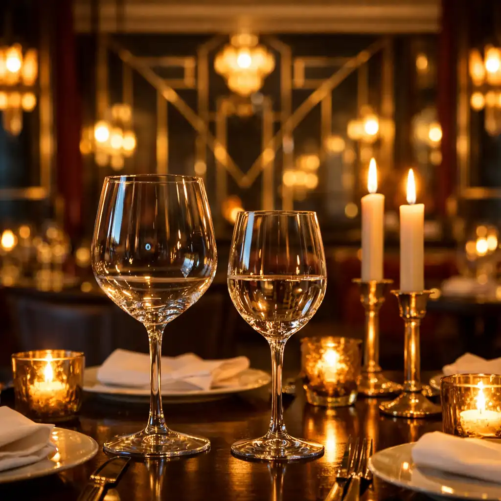 Elegancko nakryty stół w restauracji Vuqeraxo z kieliszkami i świecami