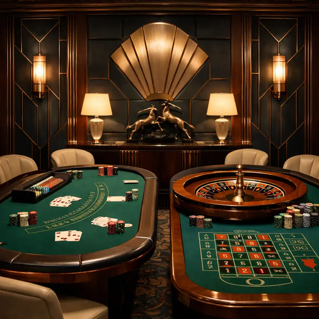 Elegancki salon gier w prawdziwym, stacjonarnym kasynie, ze stołem do blackjacka i ruletką, dyskretnie wkomponowany w wystrój Art Deco