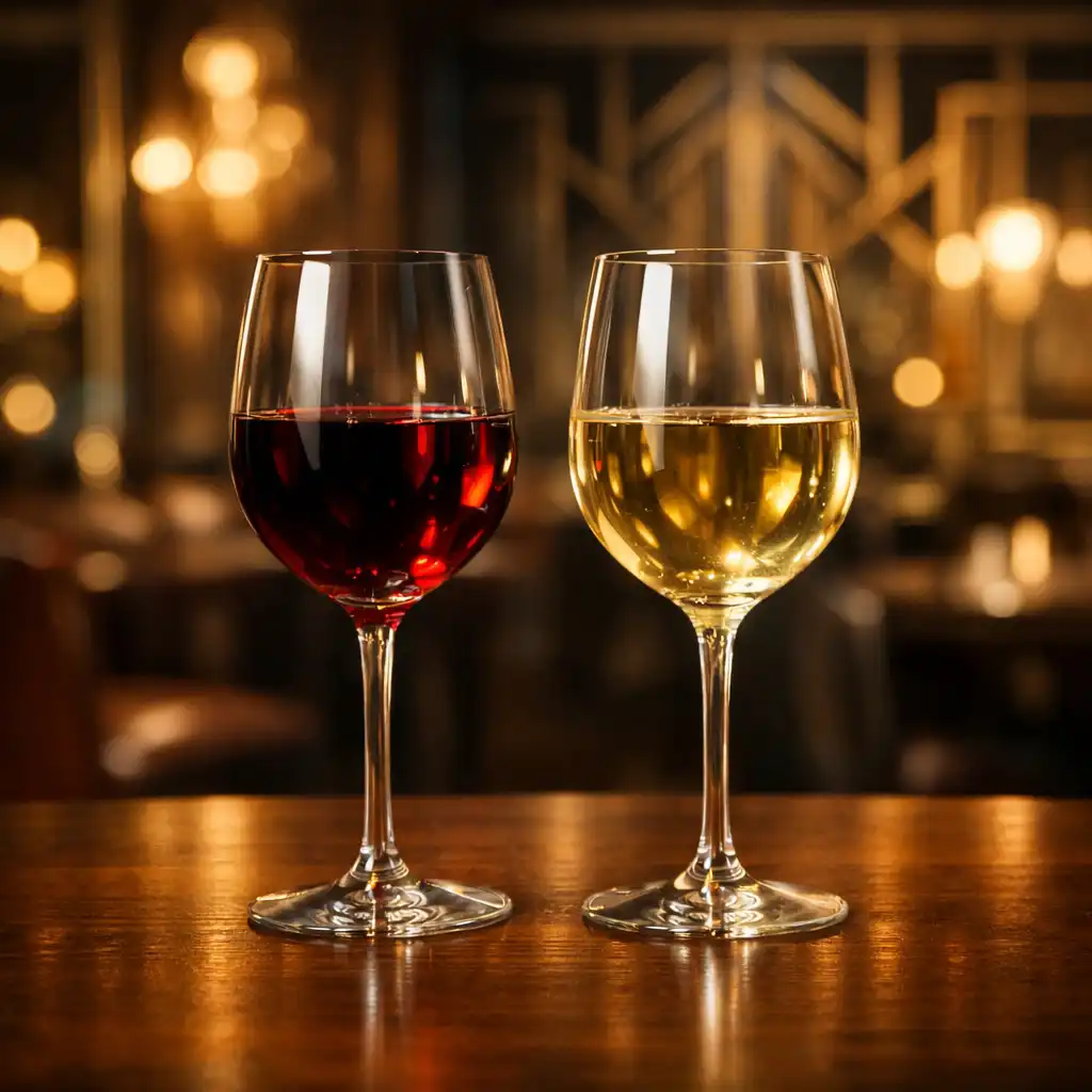 Dwa kieliszki wina, czerwonego i białego, na drewnianym stole w eleganckiej restauracji