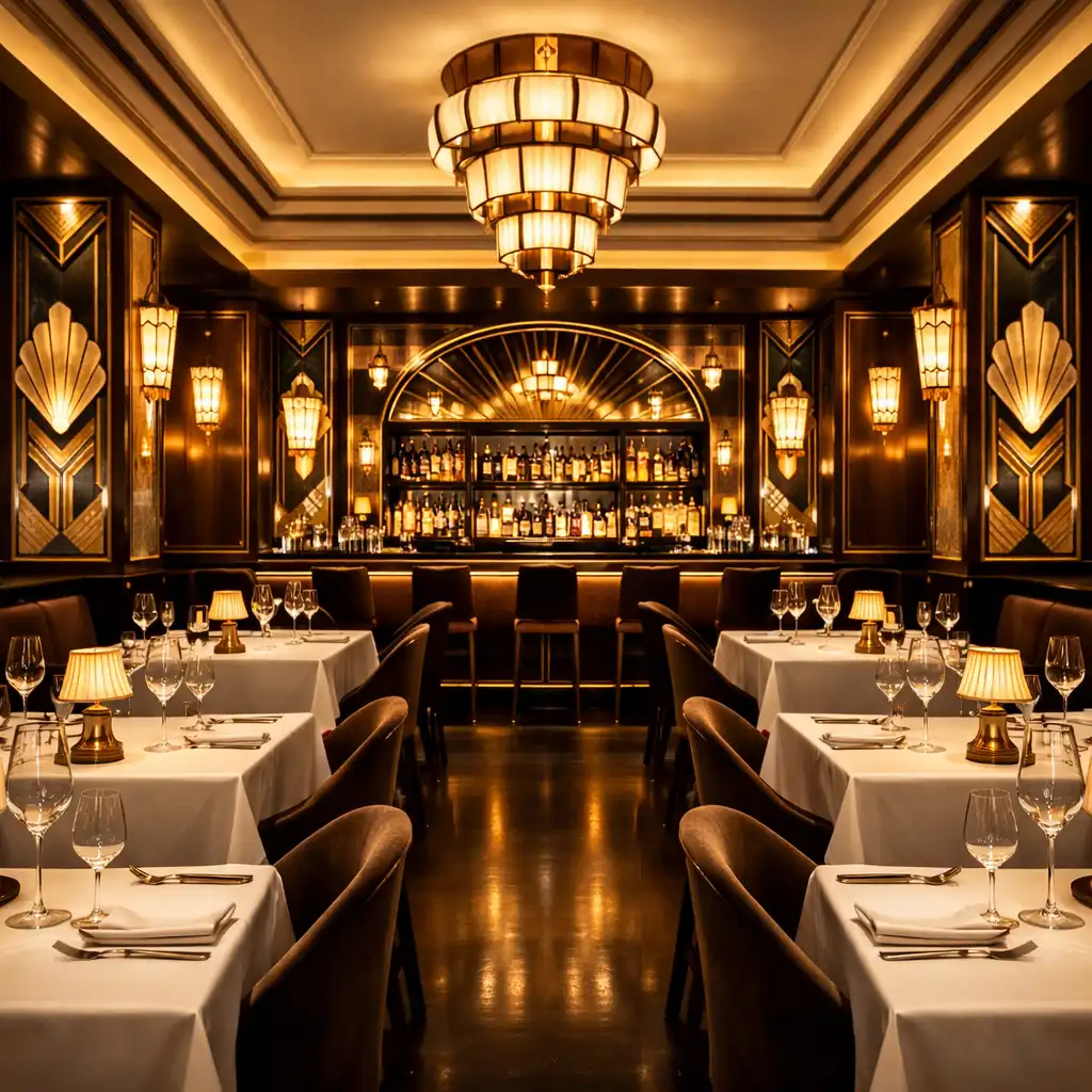 Elegancka sala restauracji Vuqeraxo w stylu Art Deco