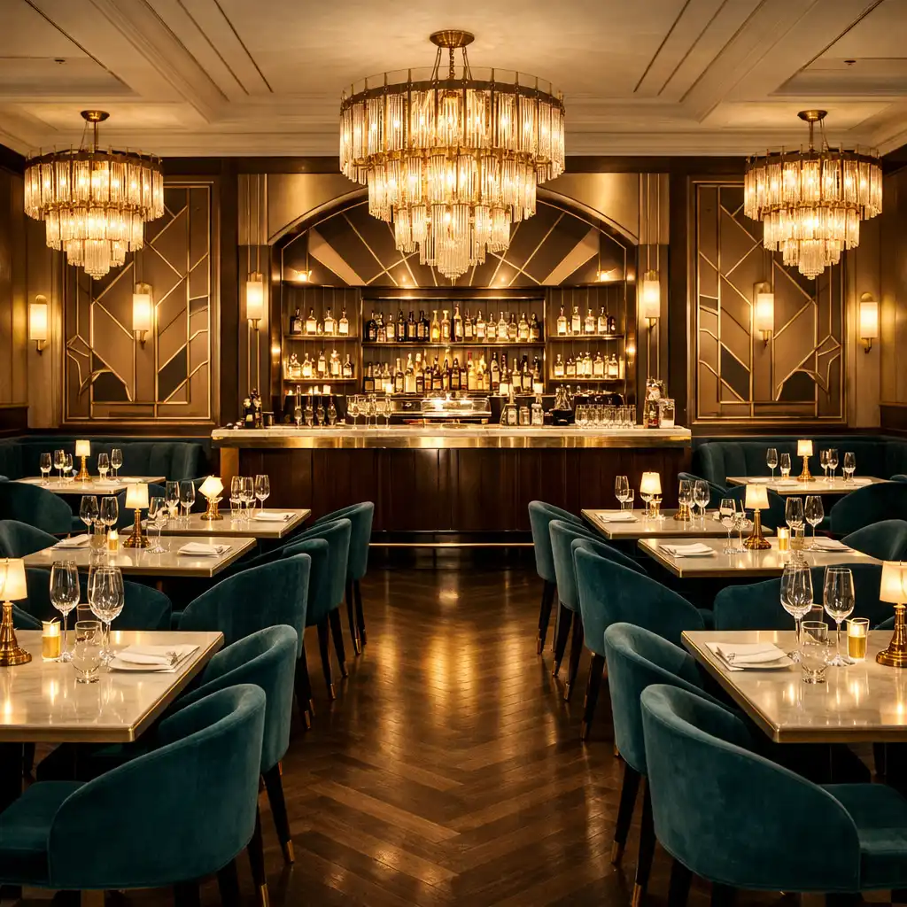 Elegancka sala główna restauracji Vuqeraxo z symetrycznie ustawionymi stolikami, aksamitnymi krzesłami i geometrycznymi panelami w stylu Art Deco